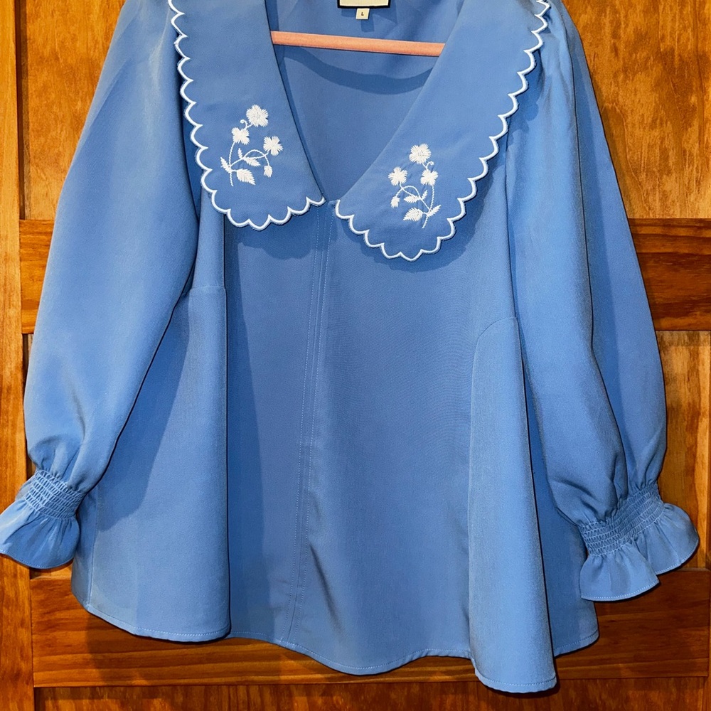 Tuckernuck ladies top beautiful blue with white embroidery